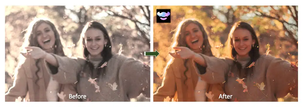 Enhanced high-resolution photo of two women outdoors after RoboNeo AI upscaling, showing sharper details and improved colors.