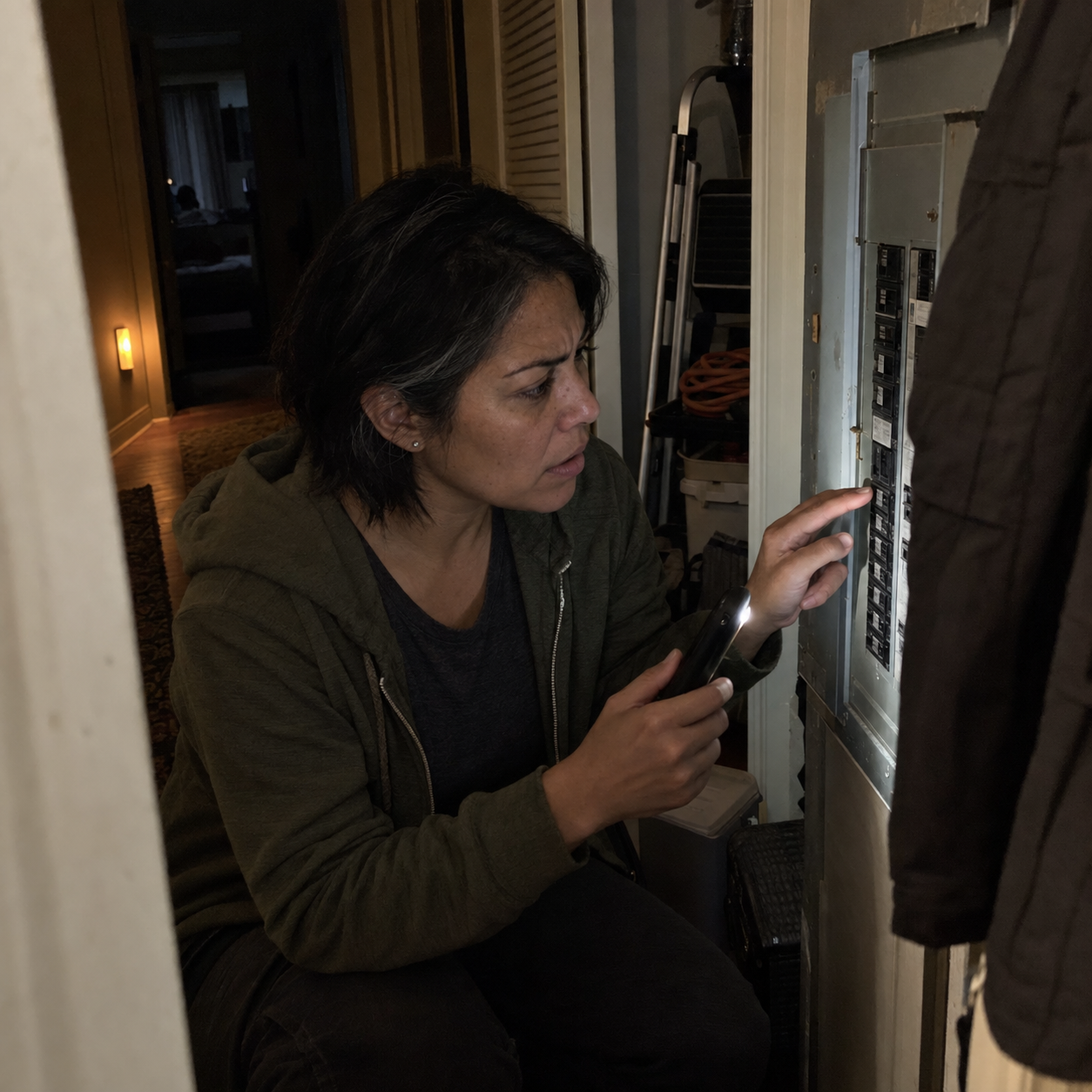 Alex T. checking a breaker during an outage