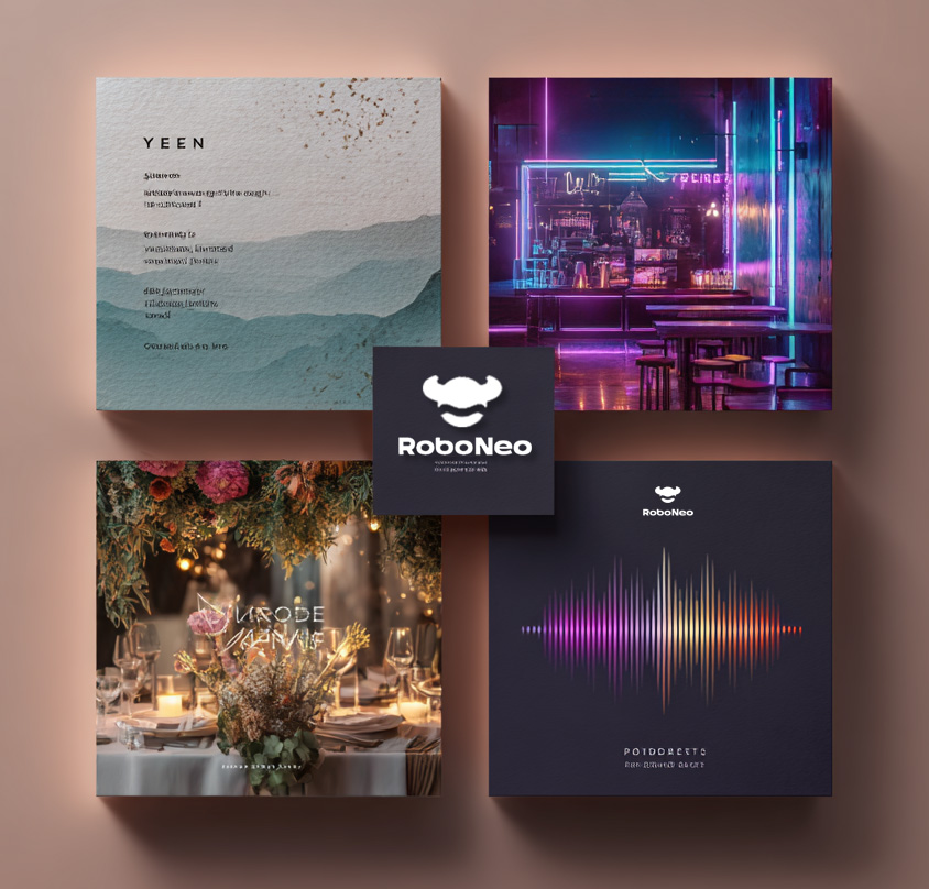RoboNeo brand visual collage featuring a modern minimalist menu design, a neon-lit bar interior, elegant event floral styling, and an audio waveform cover, showcasing a fusion of technology, creativity, and premium design.