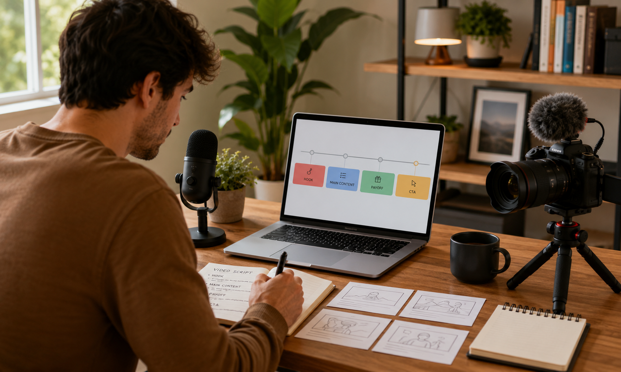Creator planning a YouTube video script at a desk