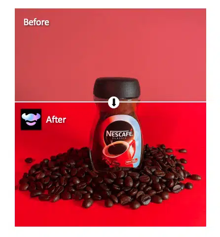 AI upscaling before-and-after of a Nescafé coffee jar, showing noisy product footage enhanced to sharp, vivid quality using RoboNeo