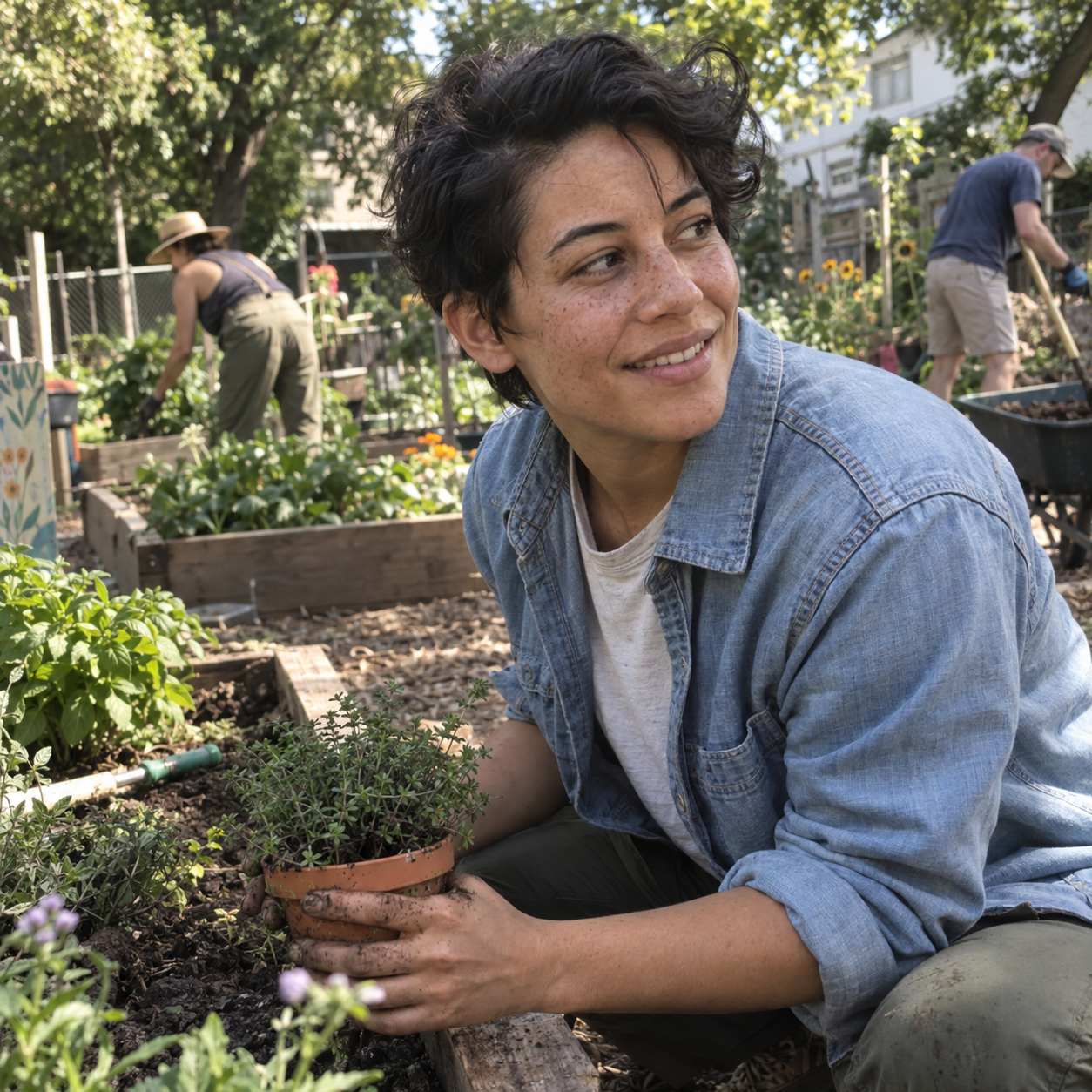 Alex P. gardening in a community garden