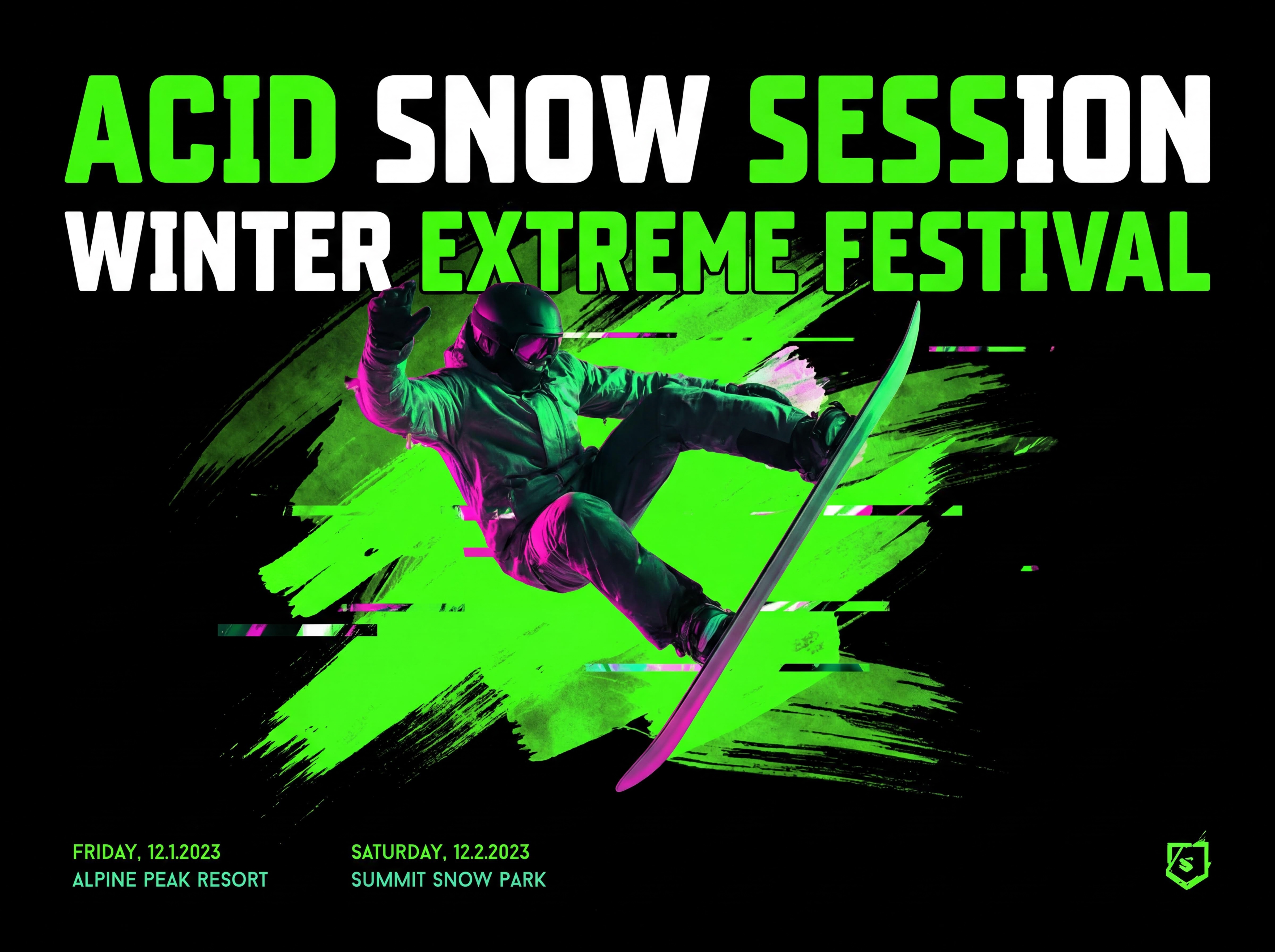High-energy winter sports event poster design with bold typography, neon green accents, and an action-focused snowboarder composition.