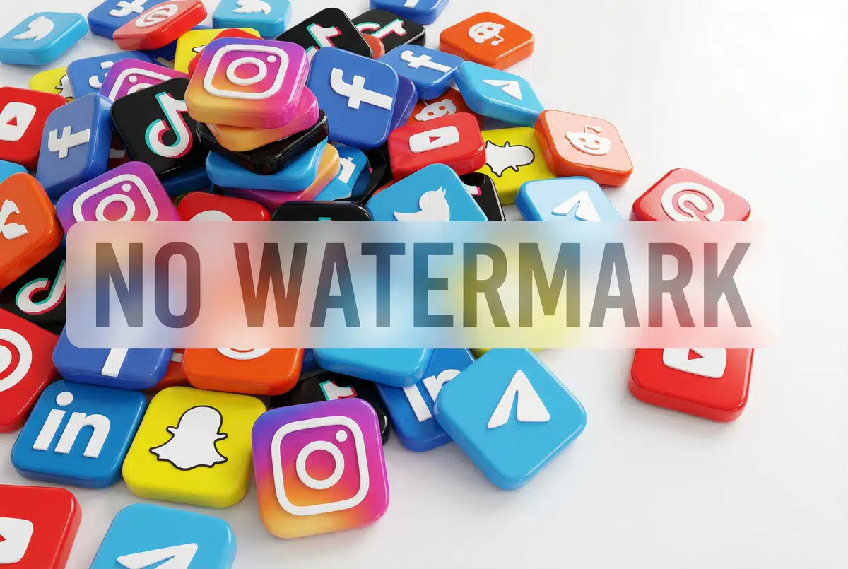 Social media app icons with a “No Watermark” banner over them.