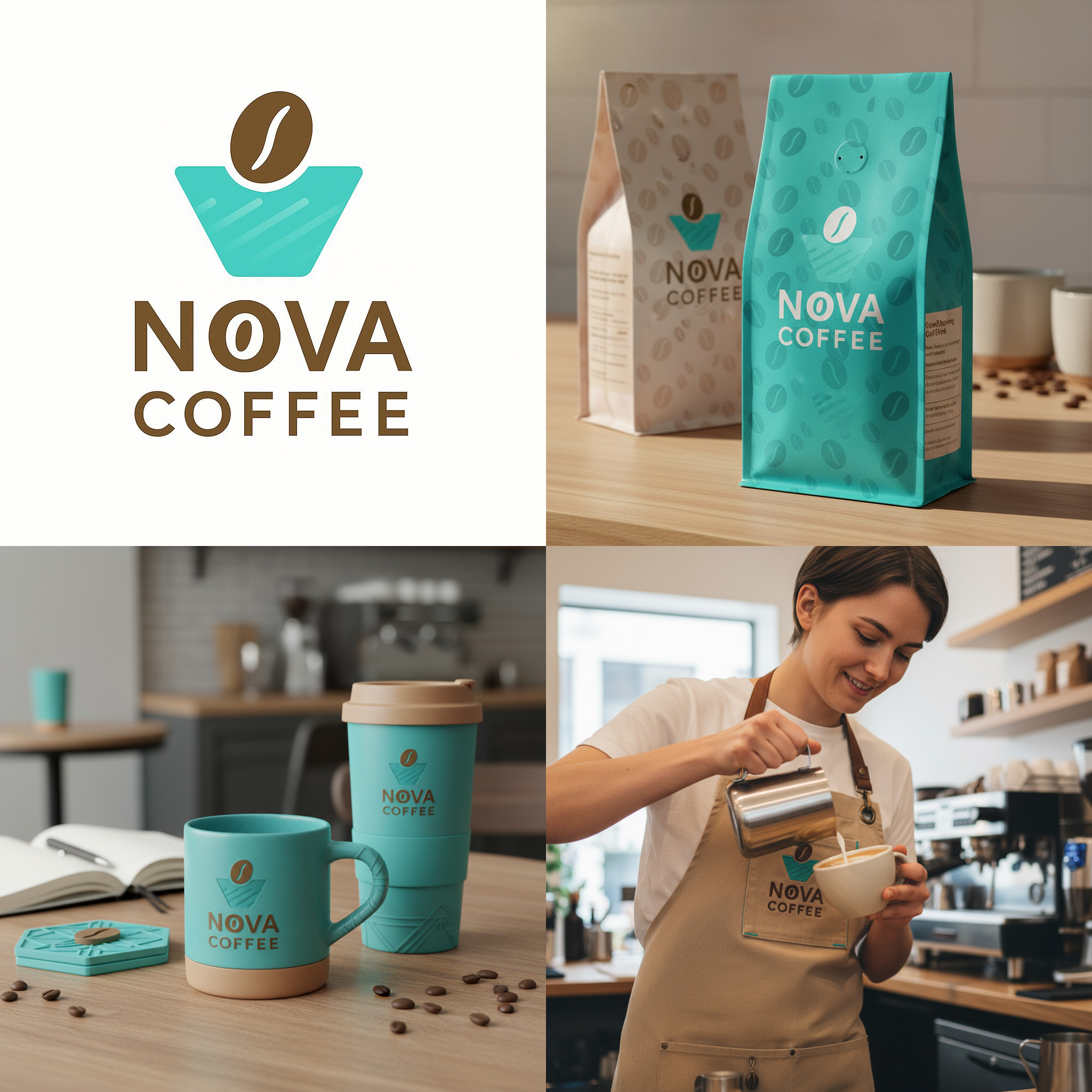 A four-panel brand showcase for Nova Coffee, featuring the logo, coffee bean packaging, branded cups on a table, and a barista preparing a drink in a modern café setting.