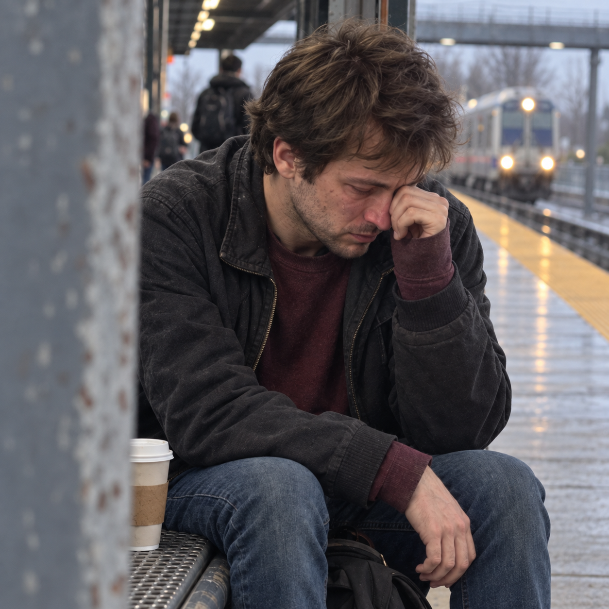 Taylor K. quietly crying at a train station
