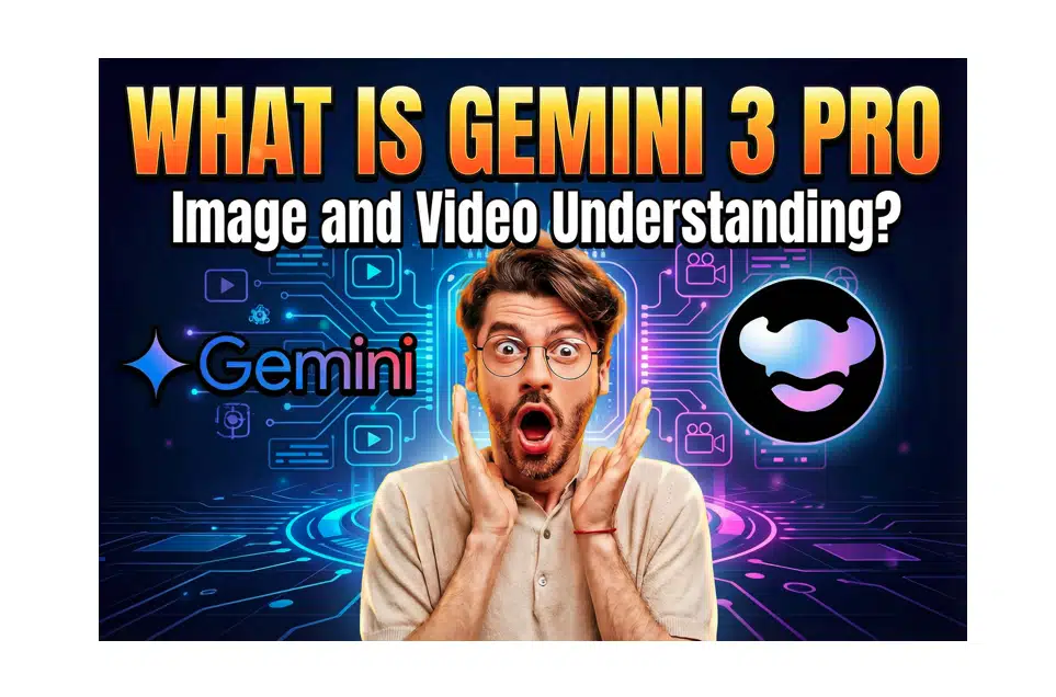 Gemini 3 Pro image and video understanding thumbnail with a surprised creator, Gemini logo, and RoboNeo logo on a futuristic tech background.