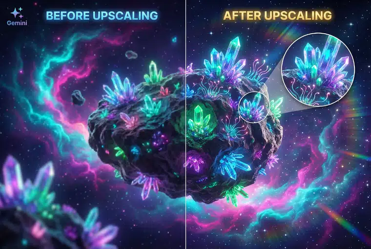Before and after comparison of a glowing crystal asteroid in space.