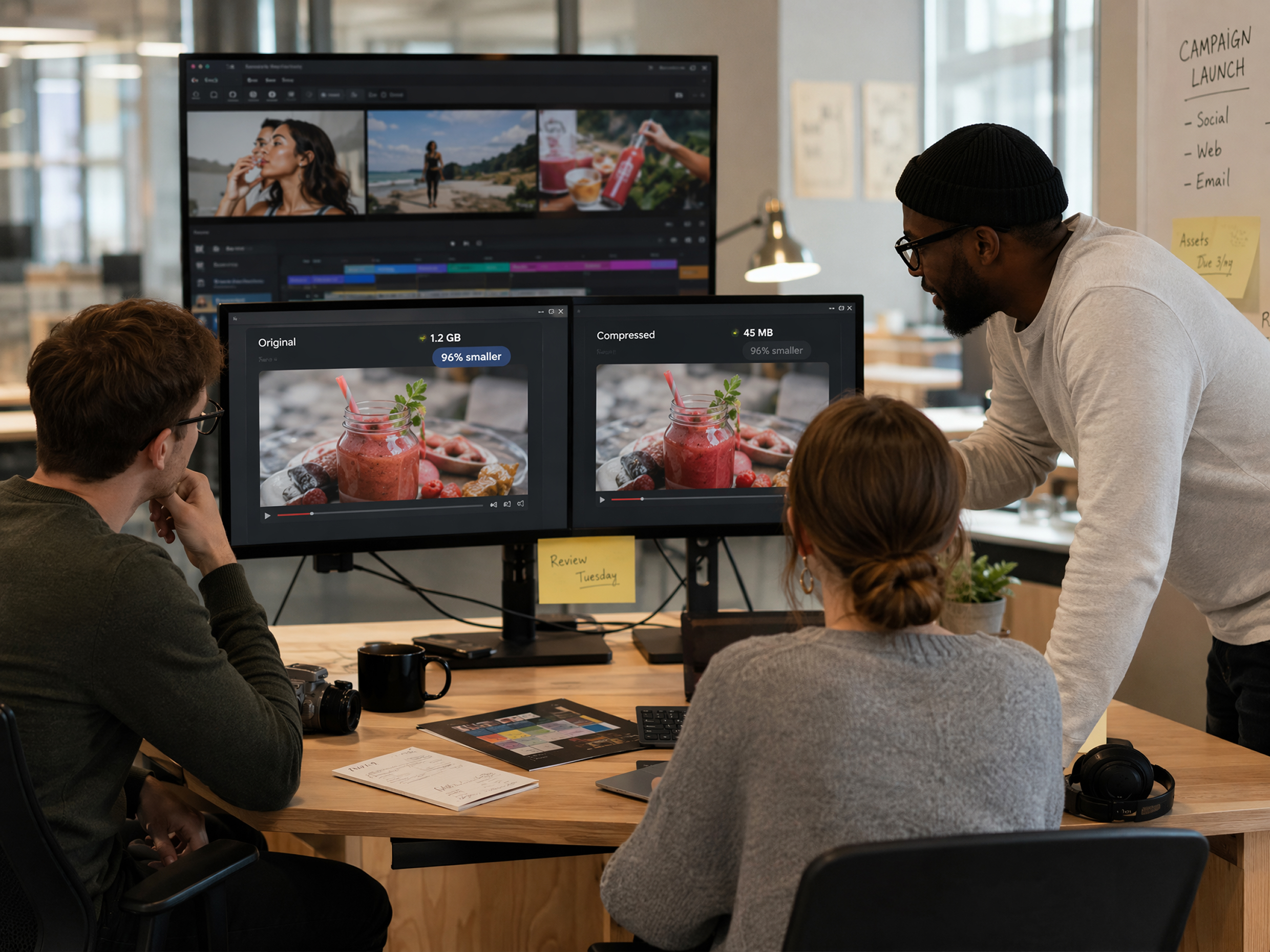 Creative team comparing compressed video quality