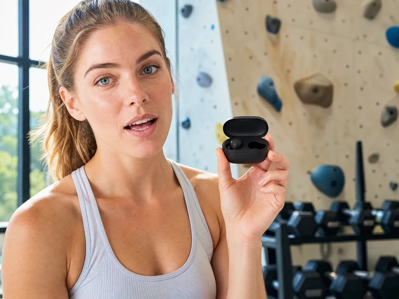 woman talking while holding a pair of earbuds