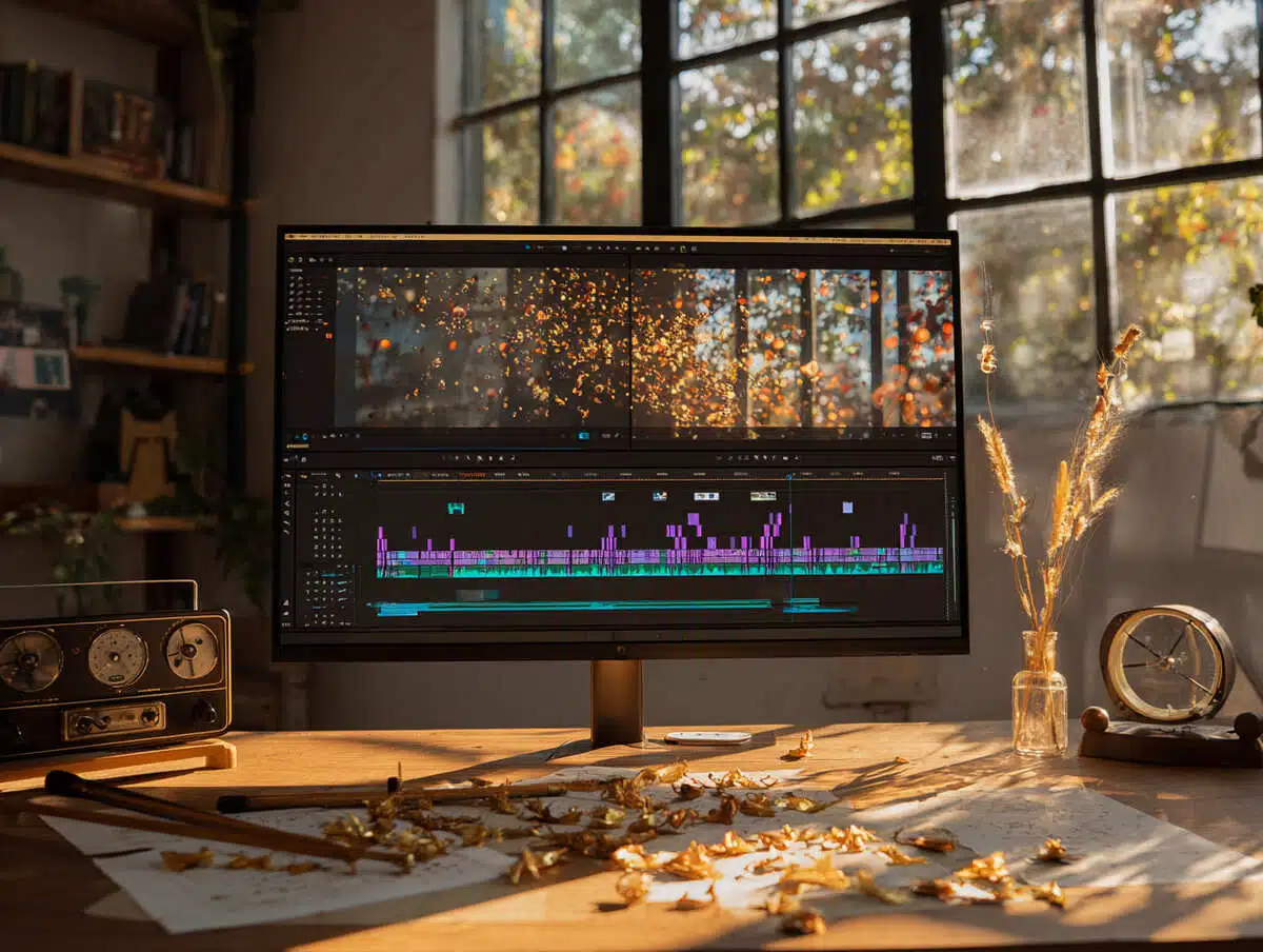 It shows a neatly arranged tabletop scene bathed in warm sunlight. At the center is a smartphone displaying a music or audio app with landscape imagery—suggesting playlists or soundscapes meant for relaxation or reflection. Across the wooden surface, shadows form flowing musical notes, as if the music has spilled out of the phone and onto the table.