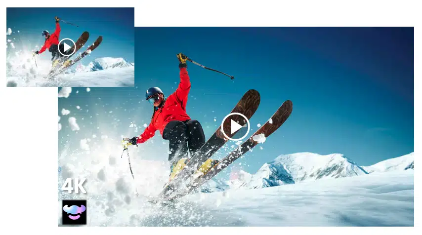 High-resolution 4K skiing video frame after RoboNeo AI upscaling, with sharper details and enhanced clarity