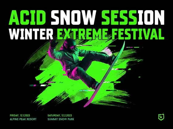 High-energy winter sports event poster design with bold typography, neon green accents, and an action-focused snowboarder composition.