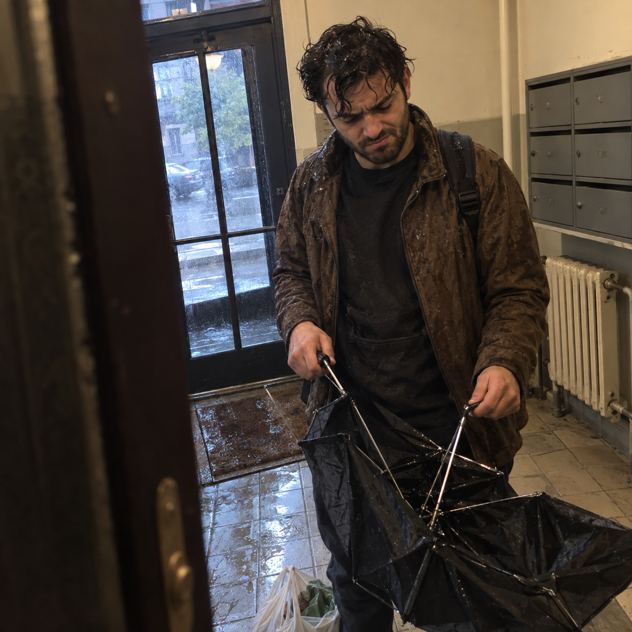 Alex M. checking a broken umbrella indoors