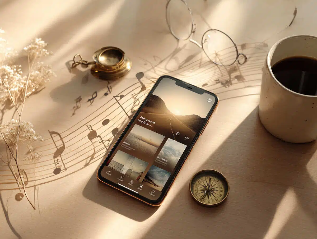 It shows a neatly arranged tabletop scene bathed in warm sunlight. At the center is a smartphone displaying a music or audio app with landscape imagery—suggesting playlists or soundscapes meant for relaxation or reflection. Across the wooden surface, shadows form flowing musical notes, as if the music has spilled out of the phone and onto the table.