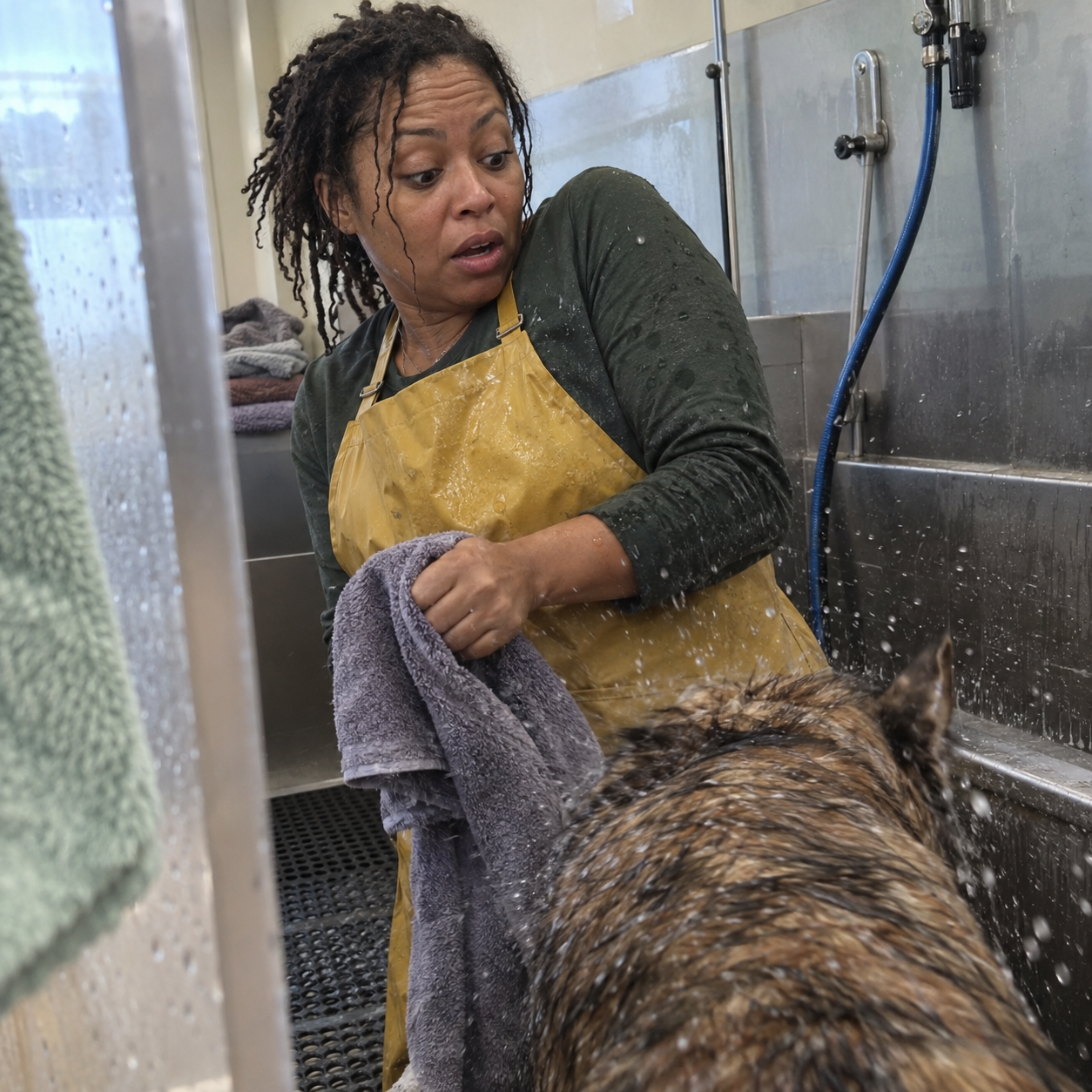 Rachel T. startled by a wet dog