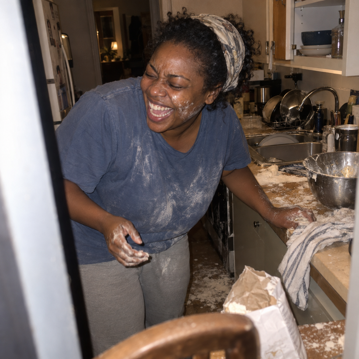 Jamie R. laughing after spilling flour