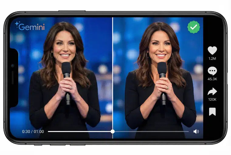 Before and after comparison of a woman speaking on stage inside a smartphone frame.
