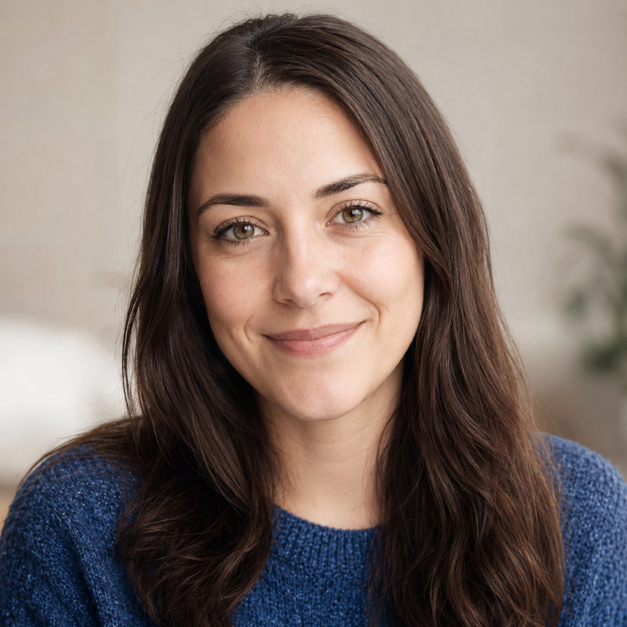 Smiling woman in a blue sweater