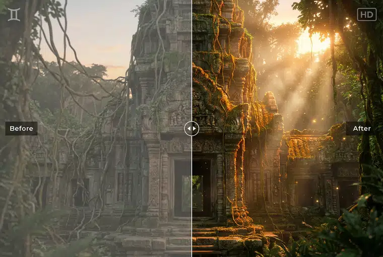 Before and after comparison of an ancient temple scene enhanced with brighter lighting