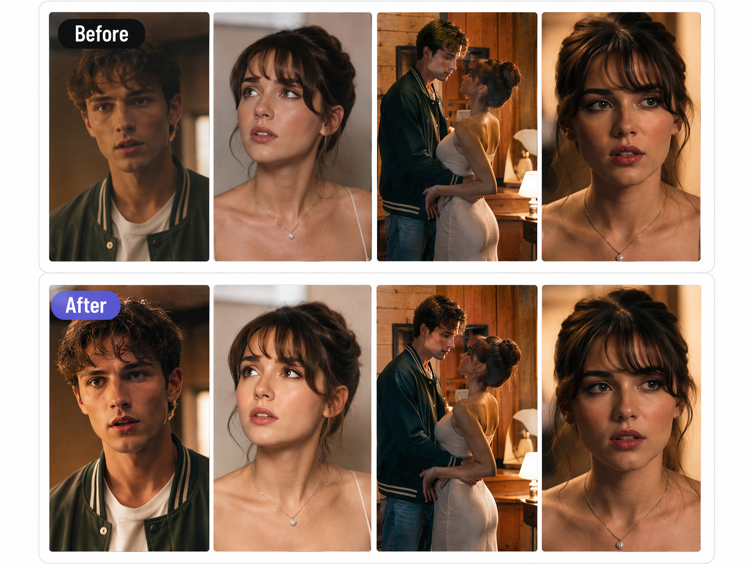 AI-enhanced video frames before and after
