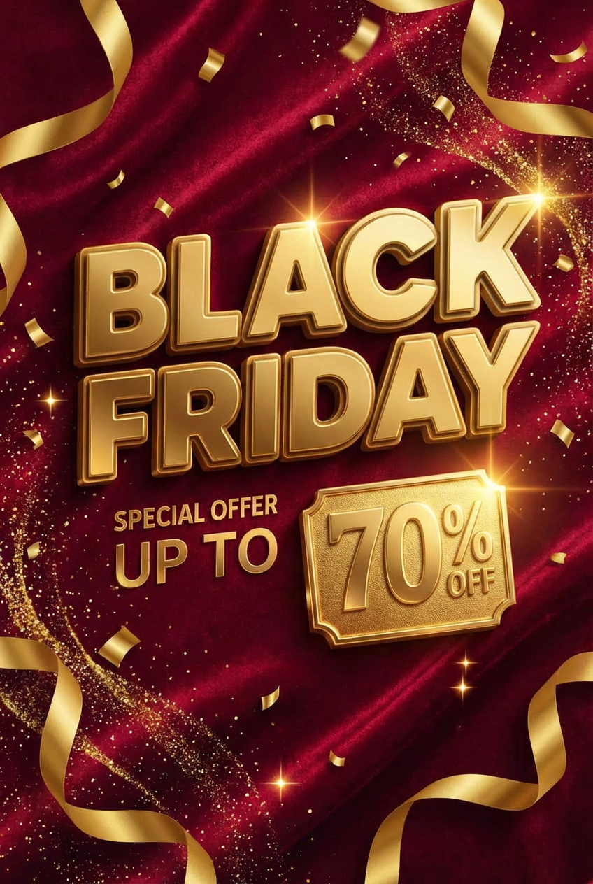 Black Friday sale poster design with bold red lettering and a 70% off discount tag for retail promotions.