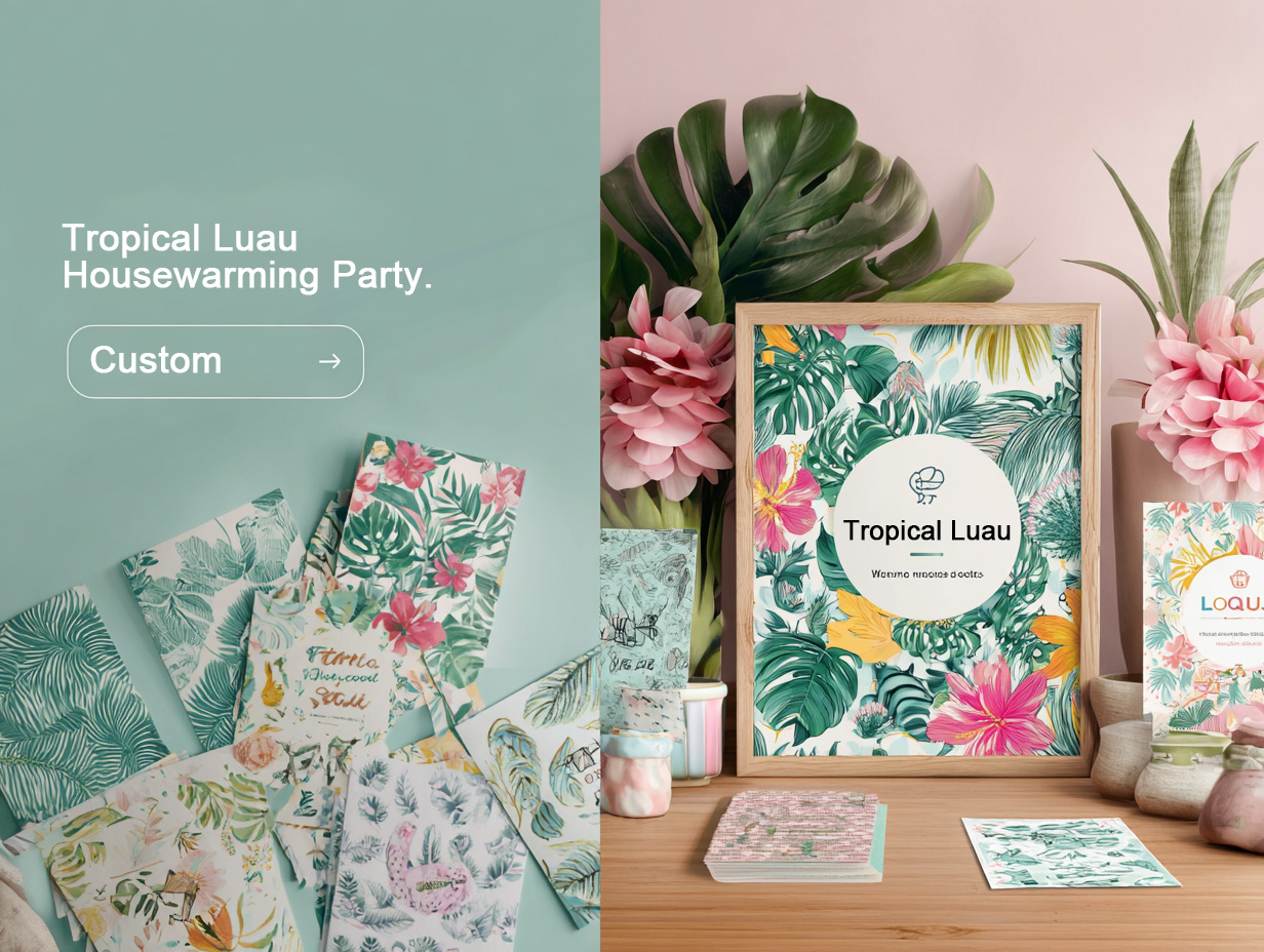 Tropical luau housewarming party stationery set featuring botanical illustrations, custom invitations, cards, and framed wall art with lush green leaves and floral patterns, styled in a modern tropical theme.