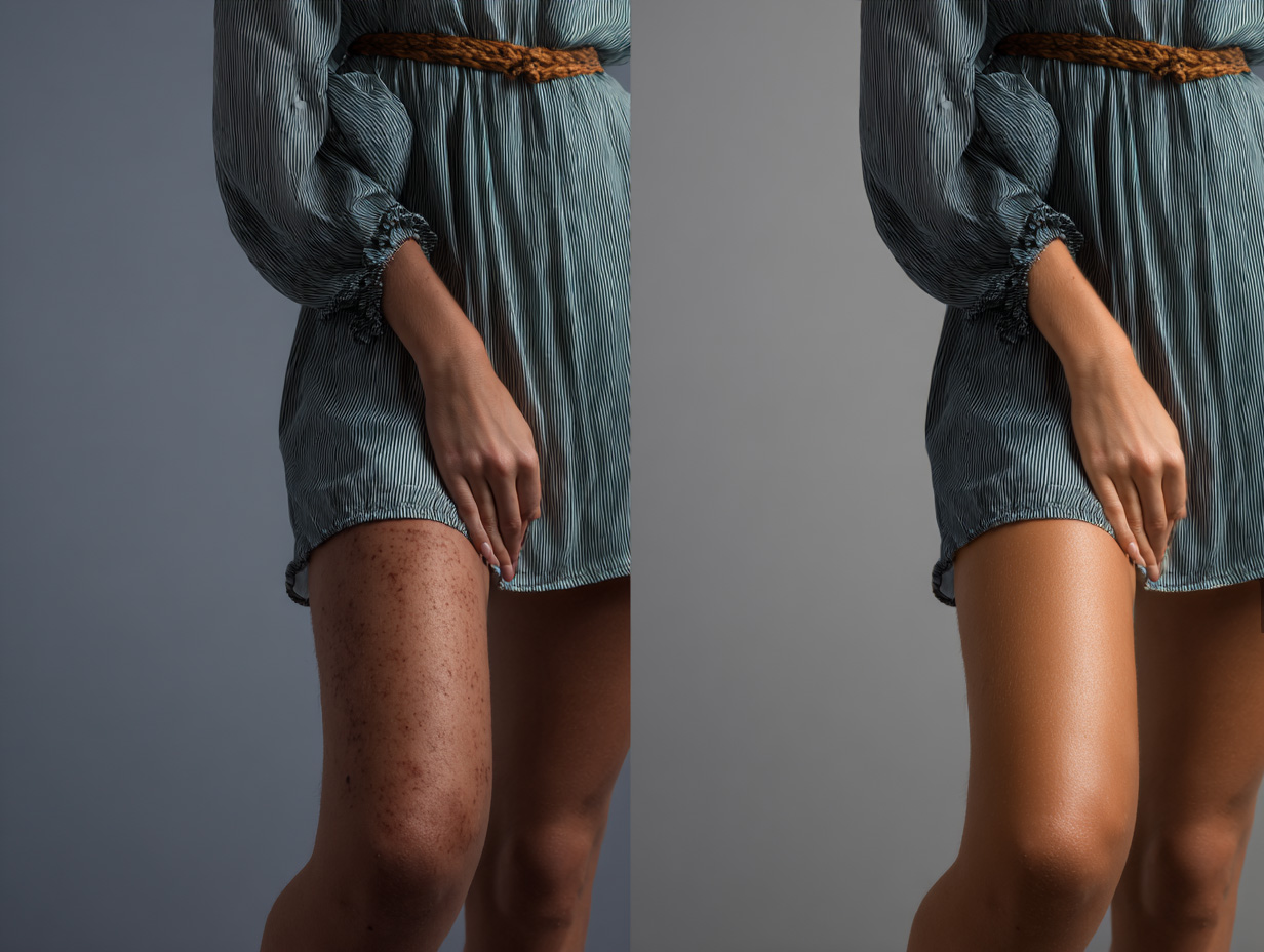 Side-by-side comparison of a person’s leg before and after skin enhancement. The left image shows visible uneven skin texture and dark spots, while the right image shows smoother, more even-toned skin under the same lighting and pose.