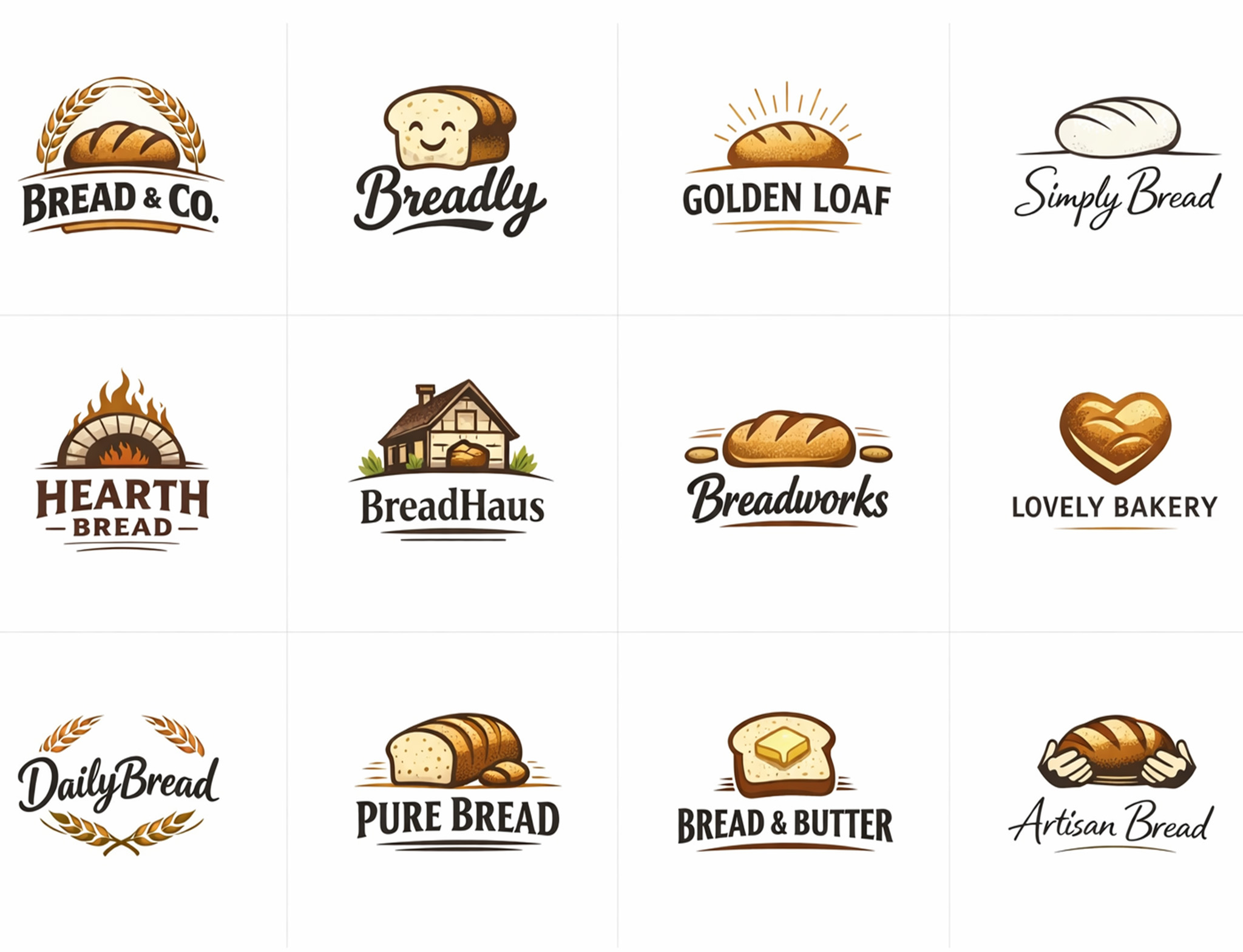 Collection of bakery brand logo concepts displaying different visual styles, including artisan, rustic, and modern bread branding.