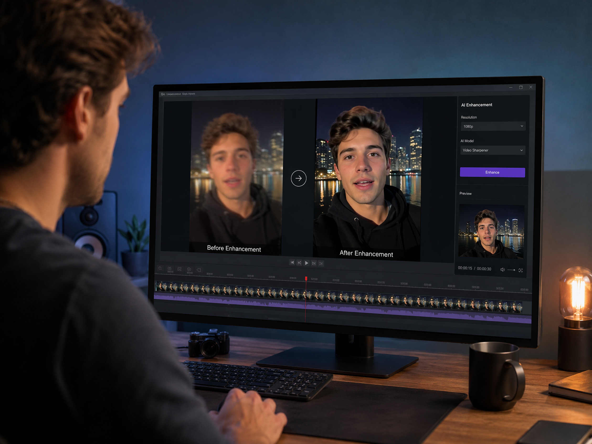 AI video enhancement on a desktop computer