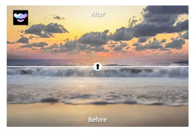 AI video enhancement before-and-after of a family on the beach, transforming faded footage into colorful, sharp holiday video with RoboNeo