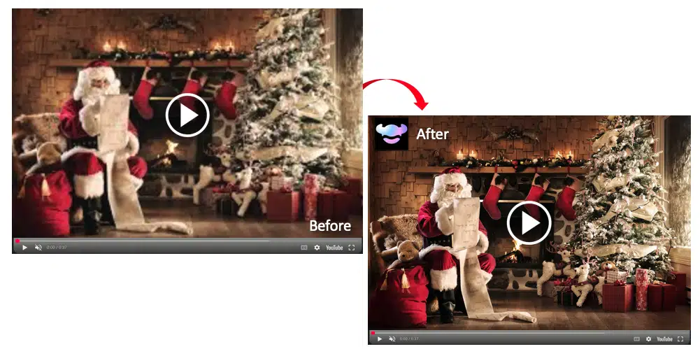Enhanced Christmas video of Santa and children after RoboNeo AI upscaling, with sharper details and brighter colors.