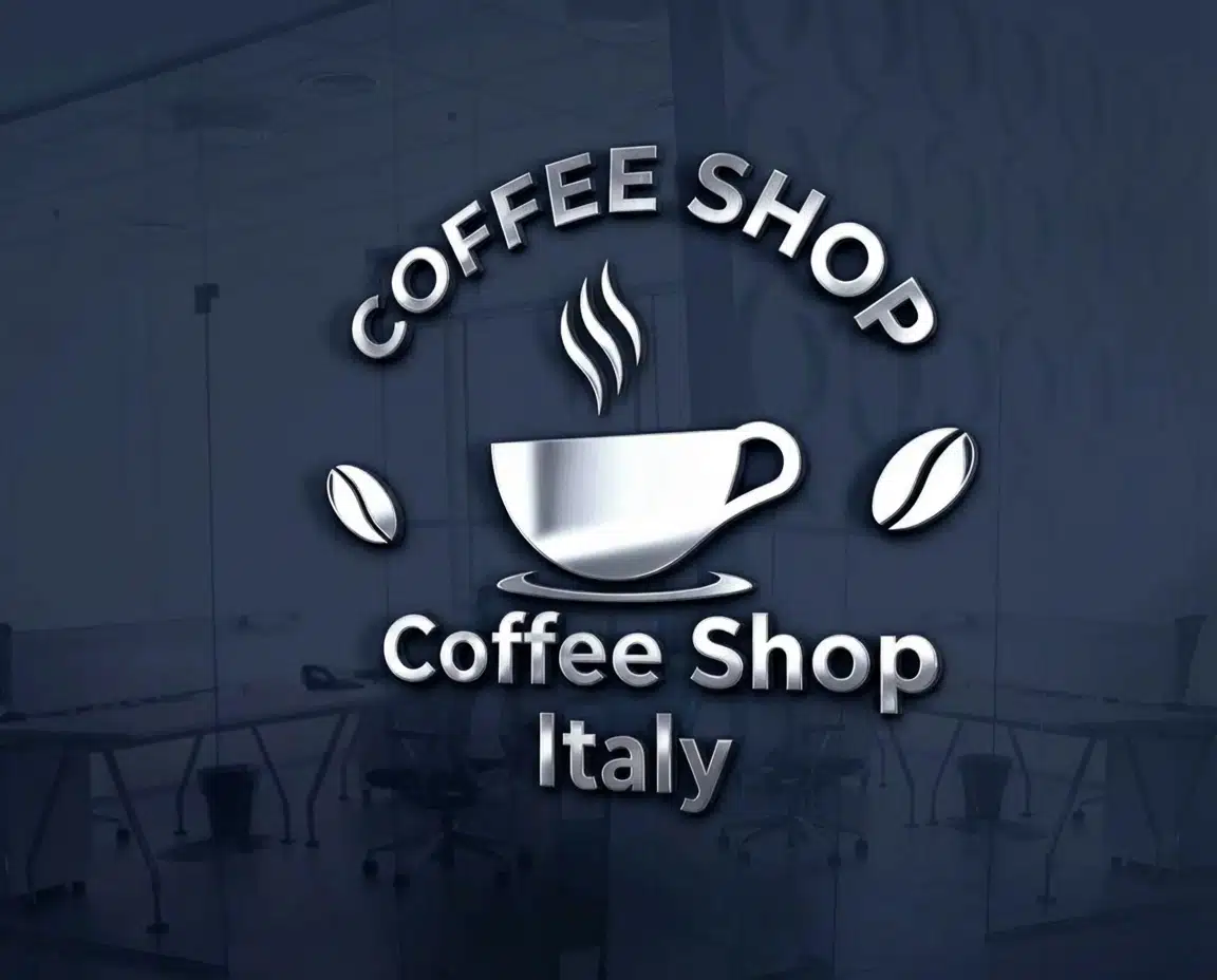 logo mockup with a steaming cup icon and coffee bean graphics on a dark glass wall background