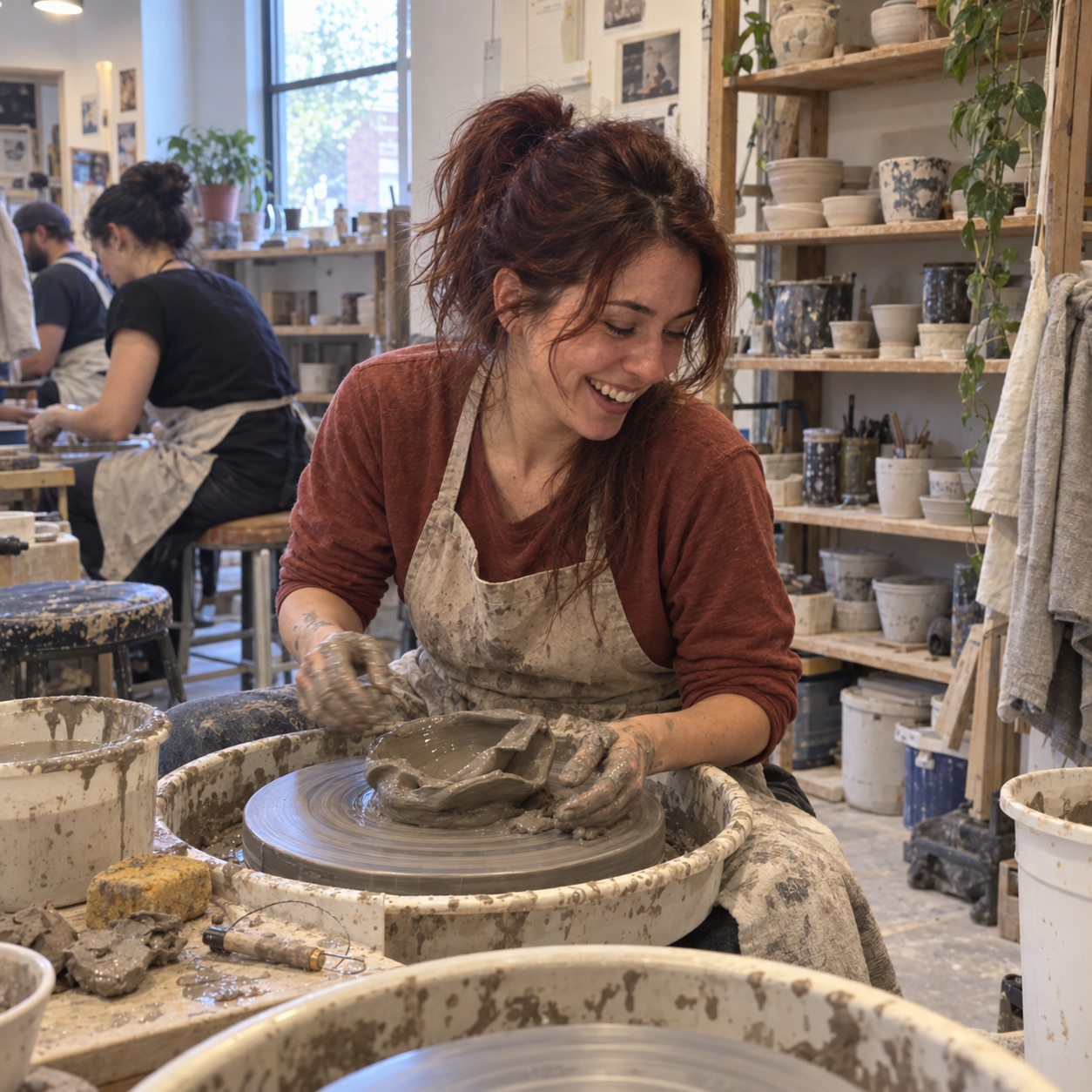 Sophia M. shaping clay in a pottery class