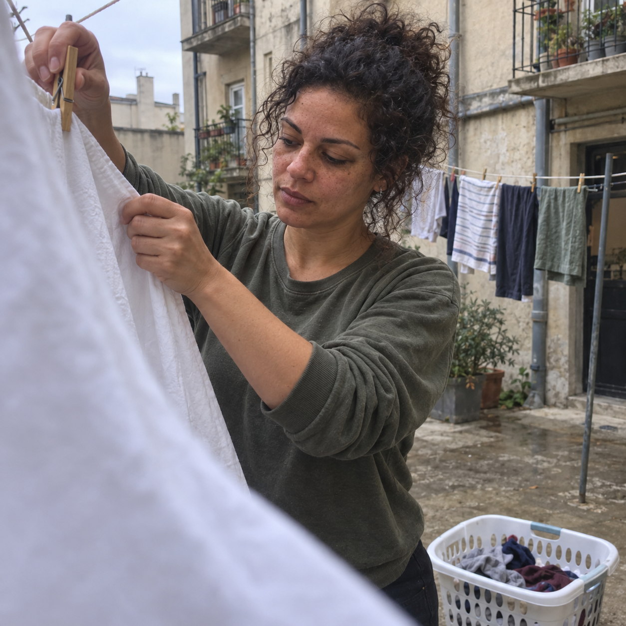 Maya R. hanging laundry in a courtyard