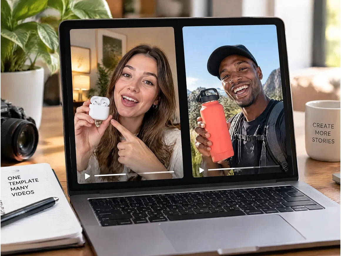 Two videos using the same template with different creators and products