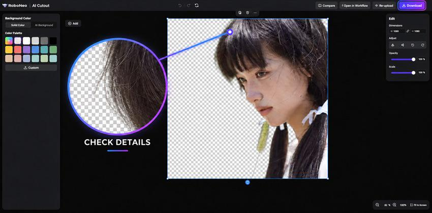 RoboNeo AI background remover hair detail editing
