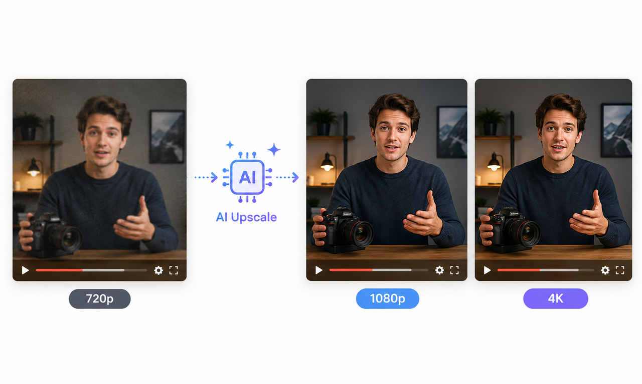 AI upscales a video from 720p to 1080p and 4K