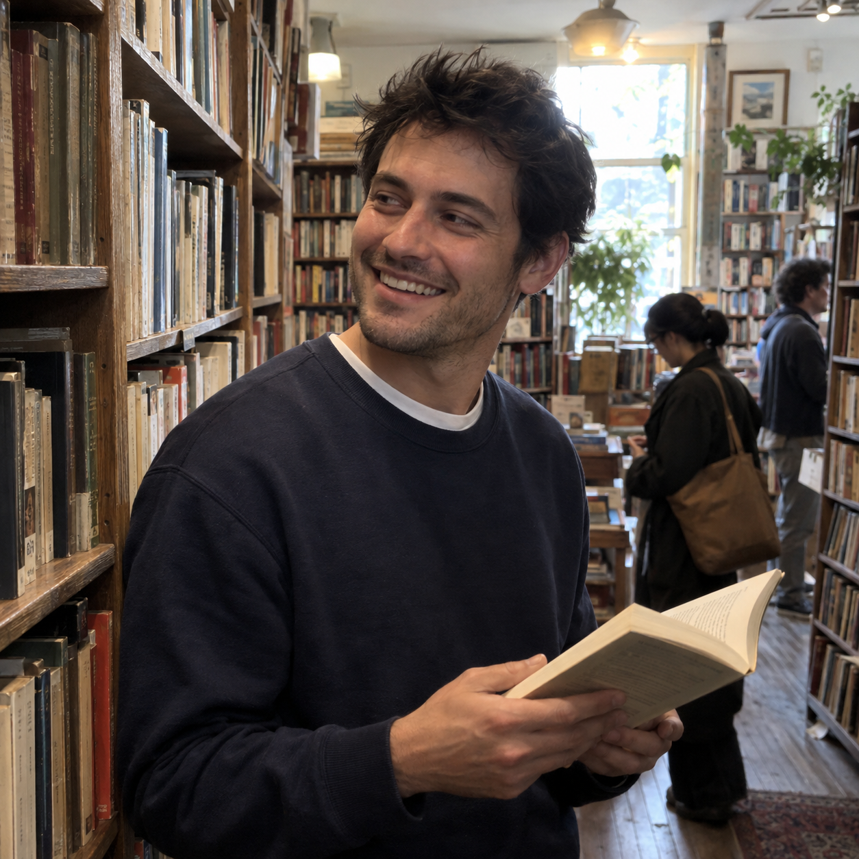 Emerson N. browsing a neighborhood bookstore