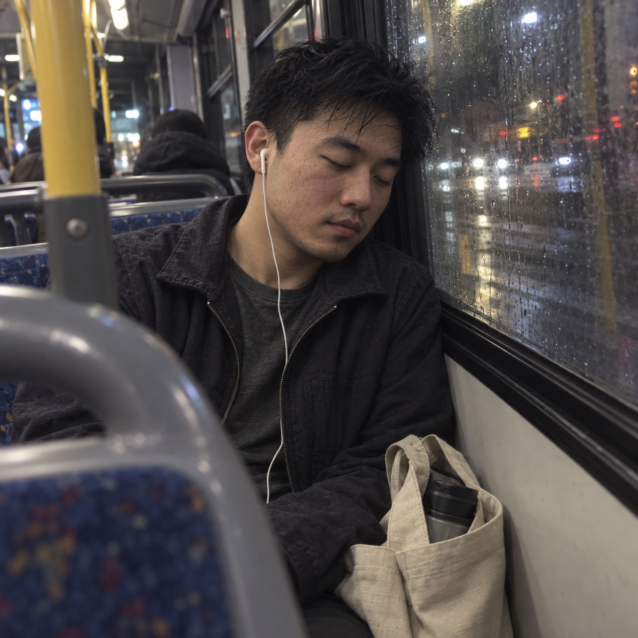 Ethan L. asleep on a rainy night bus