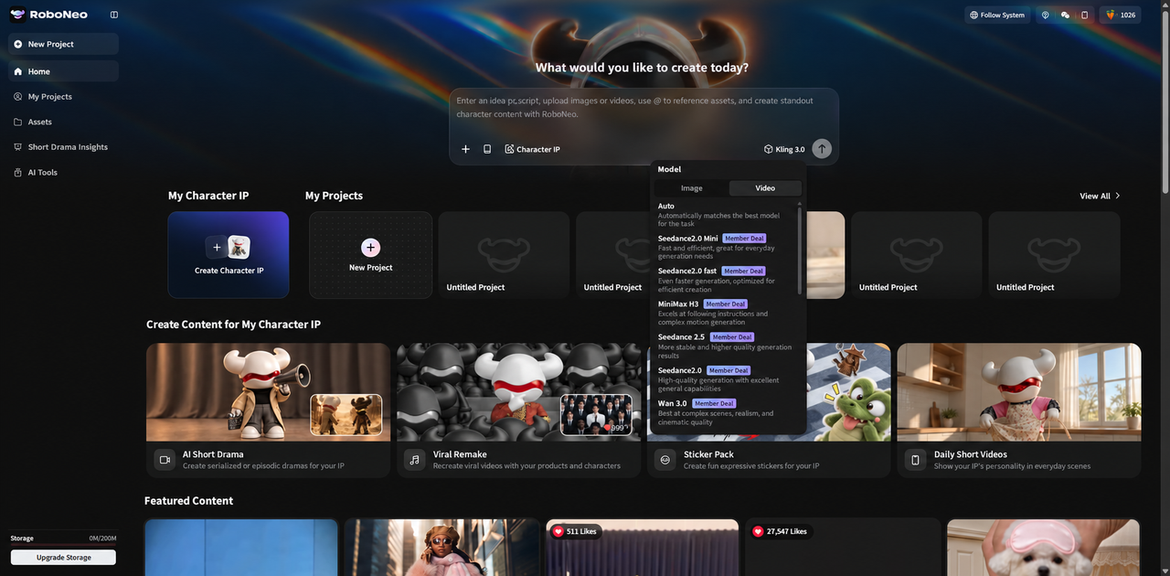 RoboNeo AI content creation dashboard
