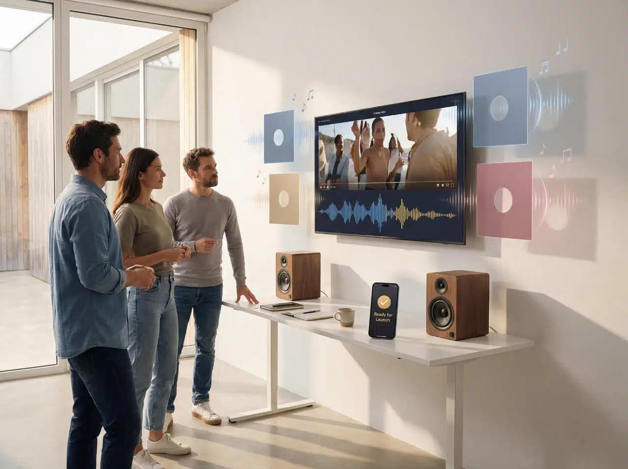 It shows three adults standing in a bright, minimalist room, focused on a large wall-mounted screen. The display looks like a media or audio-visual interface: a video is playing while colorful sound waves and floating music icons surround it, giving the impression of immersive audio or smart media technology.