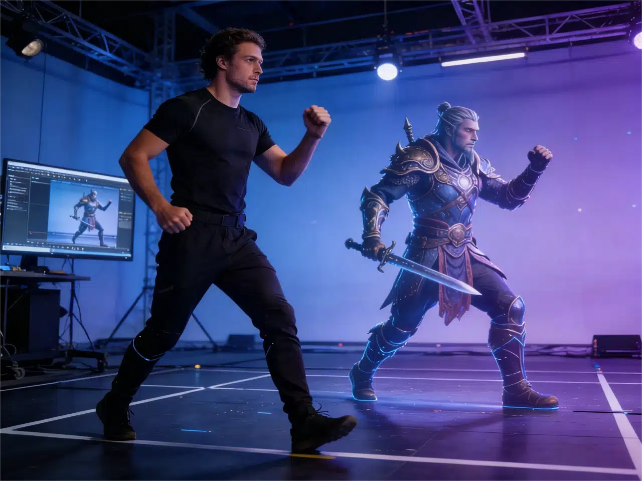 Uma comparação lado a lado entre um homem real vestindo uma camiseta preta e um personagem guerreiro de fantasia gerado por IA com uma armadura azul ornamentada. Ambos aparecem em um estúdio de captura de movimentos, posicionados em uma pose de corrida idêntica para demonstrar a sincronização de movimentos.