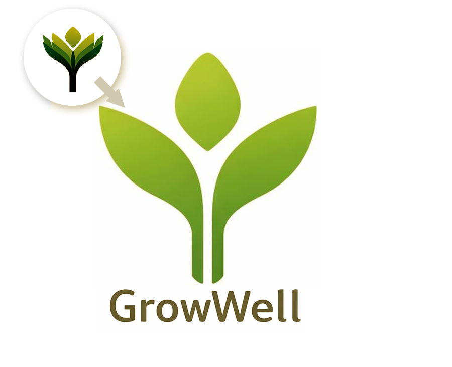 GrowWell brand logo featuring a green plant icon symbolizing growth, sustainability, and wellness, displayed in a clean and modern design.