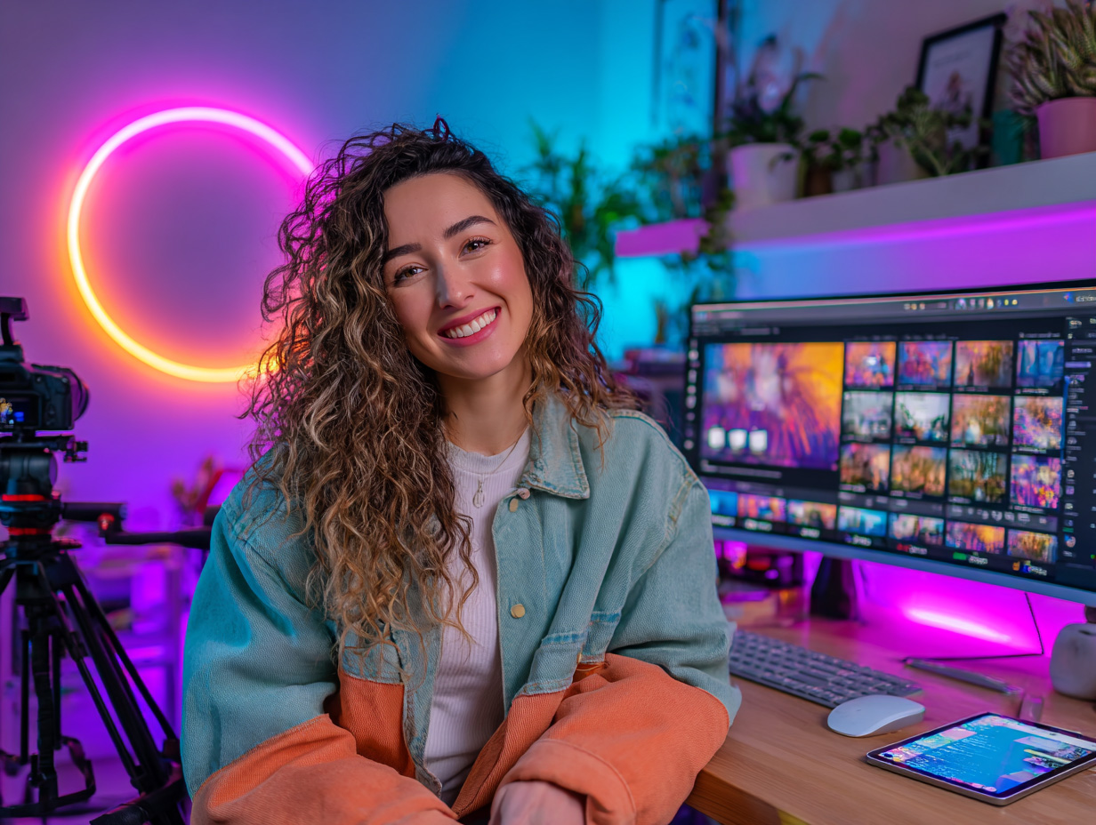 Smiling female content creator sitting at a modern desk with a video editing setup, colorful LED lighting, camera equipment, and a computer screen displaying creative visuals, representing digital creativity and modern media production.