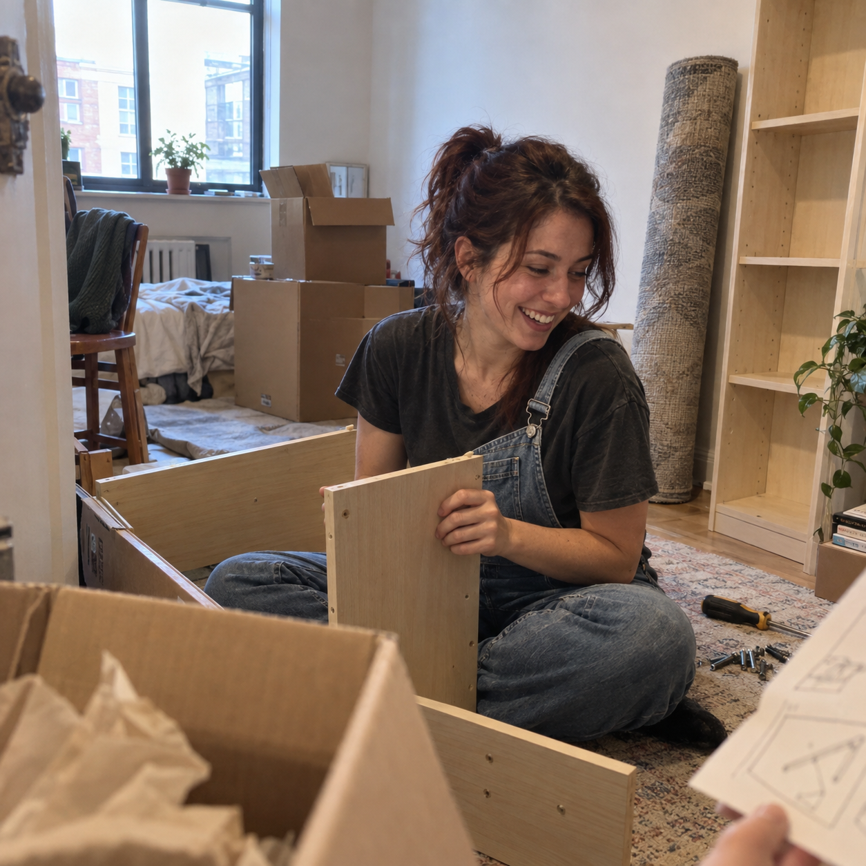 Sophia M. assembling furniture on moving day