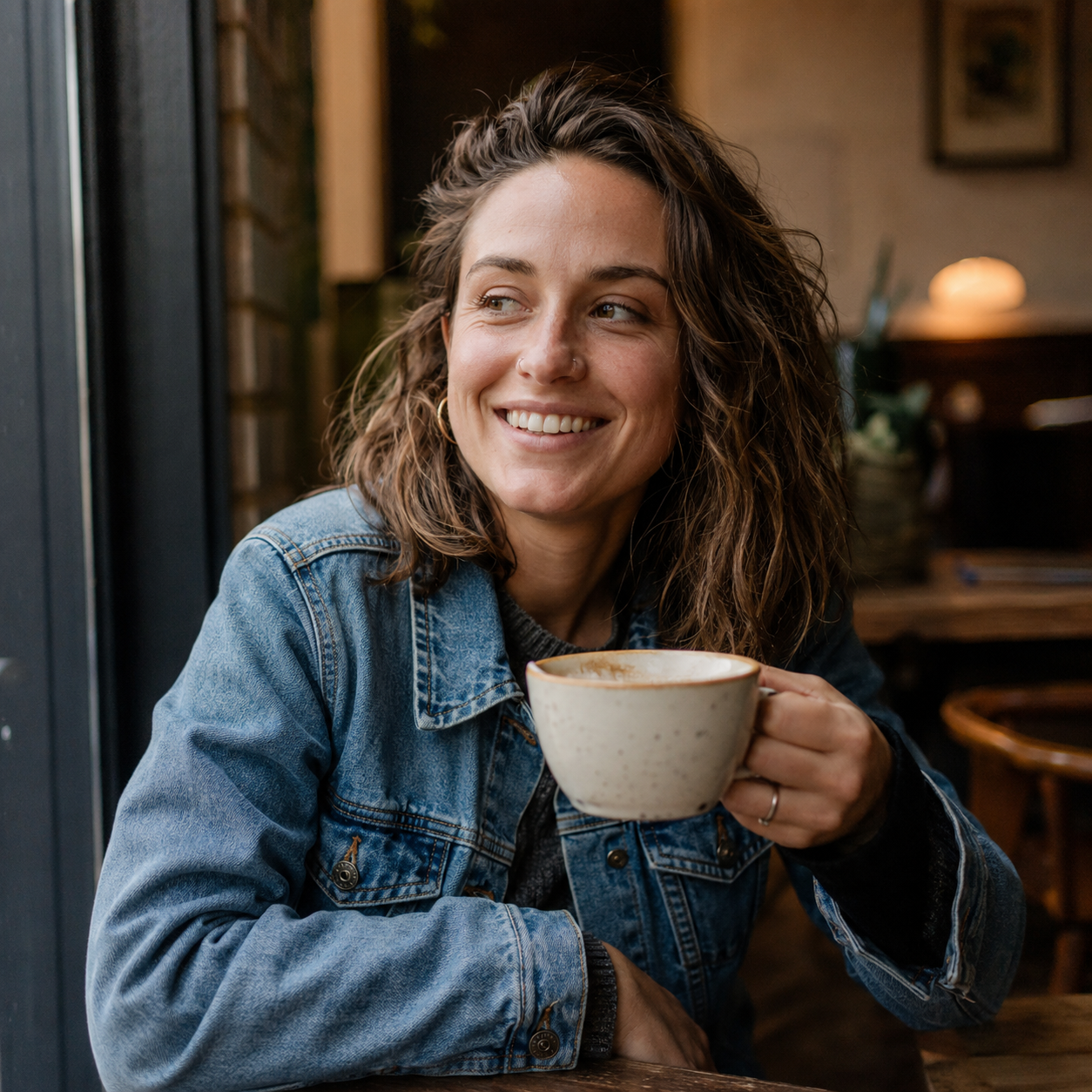 Smiling woman enjoying coffee at a café