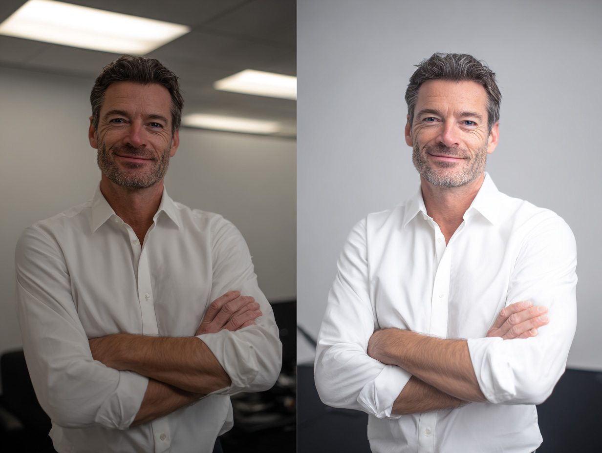 Side-by-side portrait of a man before and after professional photo enhancement. The left image shows an office setting with flat lighting and a casual background, while the right image shows a cleaner, studio-style portrait with improved lighting, sharper details, and a neutral background.