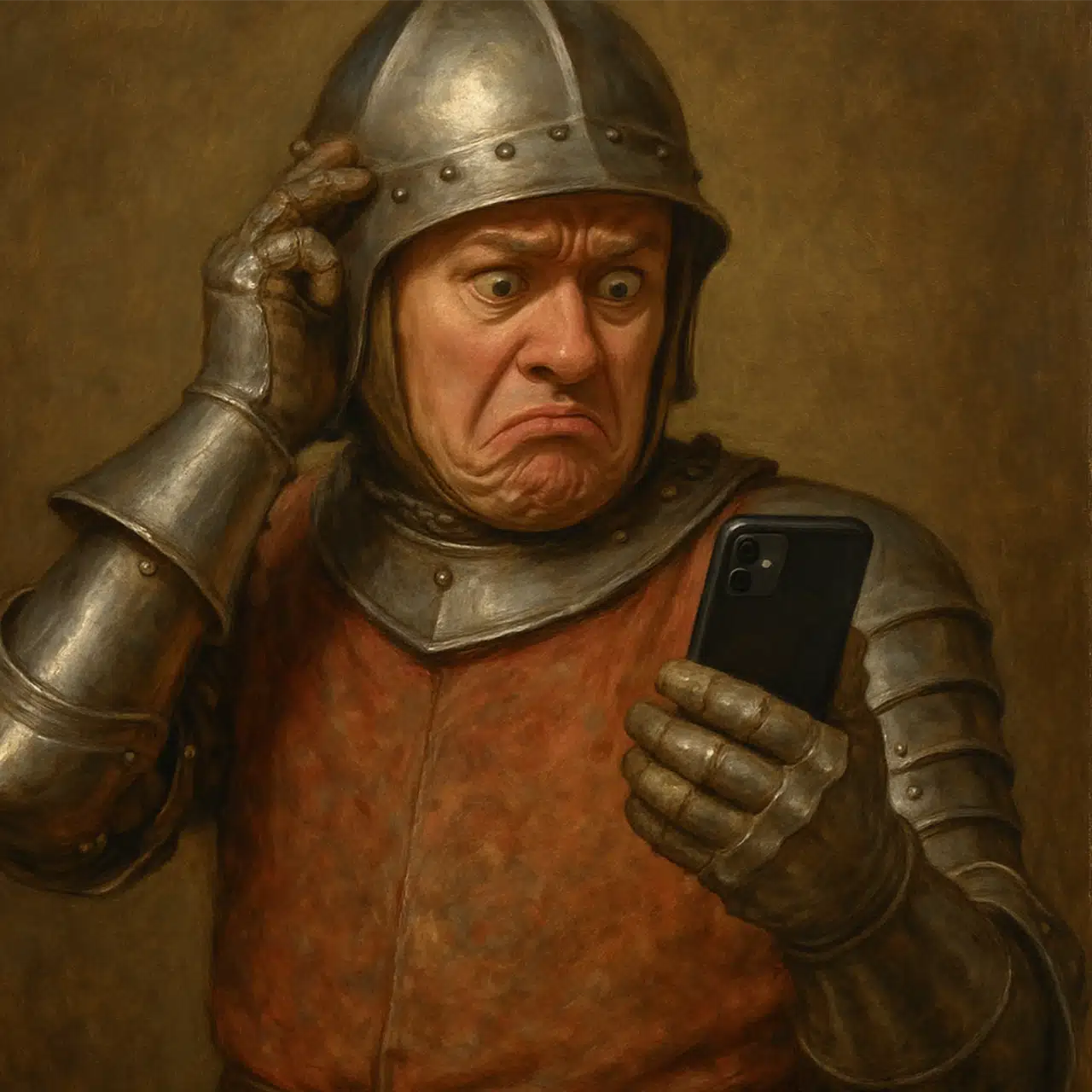 A realistic oil painting of a medieval knight looking confused while holding a modern smartphone. The contrast between the historical armor and the modern tech is highlighted. The expression on the knight's face is comical. High detail, museum quality texture.Image_4 (2)