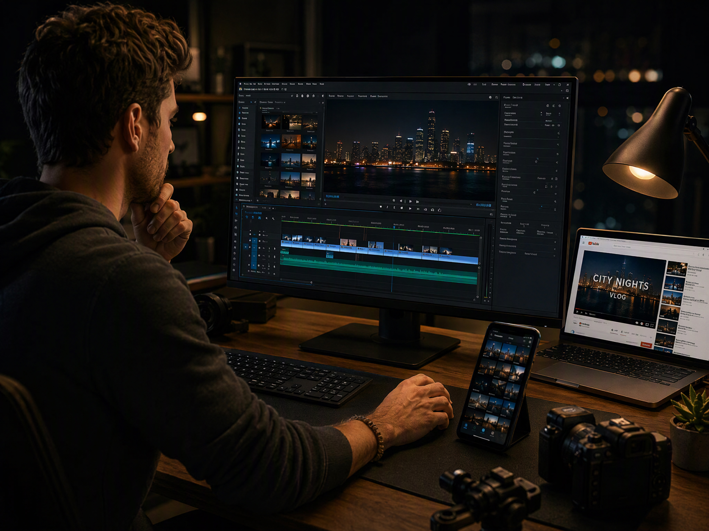 Video creator editing a city night vlog